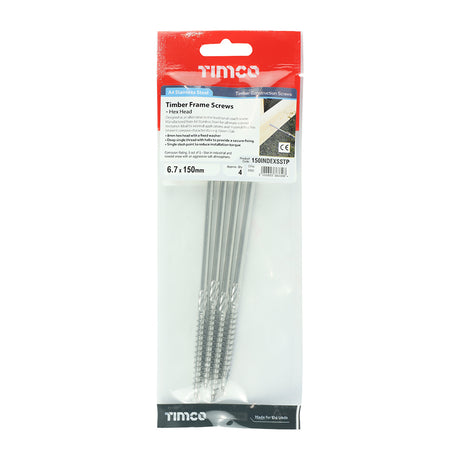 This is an image showing TIMCO Timber Screws - Hex - Stainless Steel - 6.7 x 150 - 4 Pieces TIMpac available from T.H Wiggans Ironmongery in Kendal, quick delivery at discounted prices.