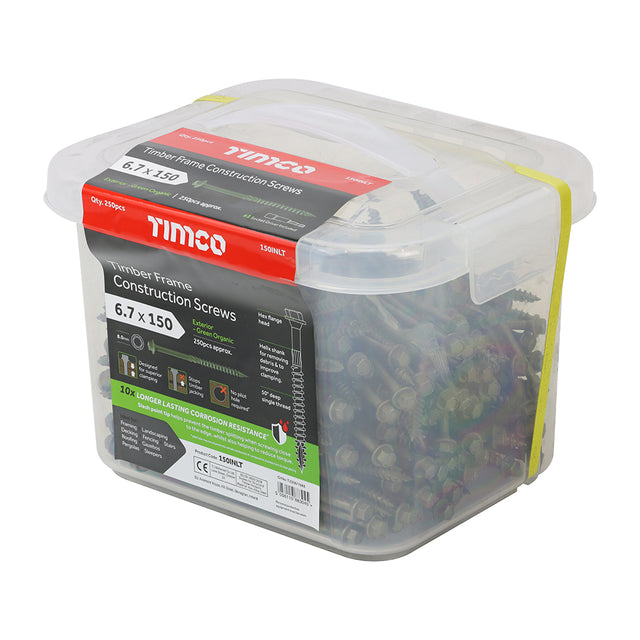 This is an image showing TIMCO Timber Frame Construction & Landscaping Screws - Hex - Exterior - Green Organic - 6.7 x 150 - 250 Pieces Tub available from T.H Wiggans Ironmongery in Kendal, quick delivery at discounted prices.