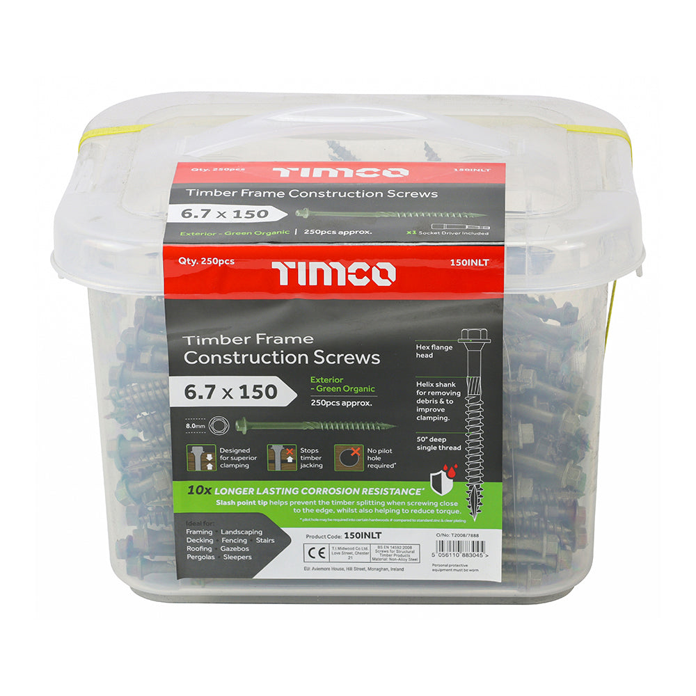 This is an image showing TIMCO Timber Frame Construction & Landscaping Screws - Hex - Exterior - Green Organic - 6.7 x 150 - 250 Pieces Tub available from T.H Wiggans Ironmongery in Kendal, quick delivery at discounted prices.