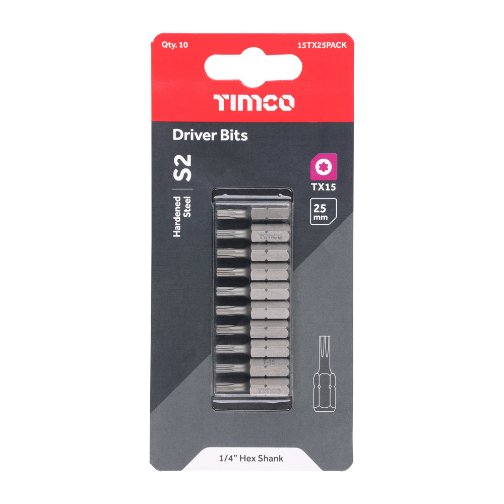 This is an image showing TIMCO S2 Driver Bits - TX - TX15 x 25 - 10 Pieces Blister Pack available from T.H Wiggans Ironmongery in Kendal, quick delivery at discounted prices.