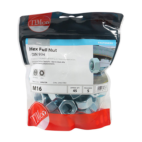 This is an image showing TIMCO Hex Full Nuts - Zinc - M16 - 45 Pieces TIMbag available from T.H Wiggans Ironmongery in Kendal, quick delivery at discounted prices.