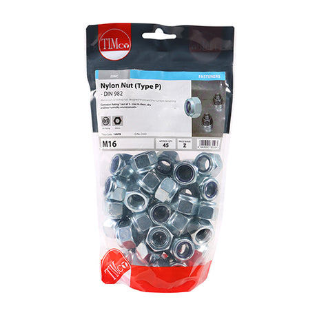 This is an image showing TIMCO Nylon Nuts - Type P - Zinc - M16 - 45 Pieces TIMbag available from T.H Wiggans Ironmongery in Kendal, quick delivery at discounted prices.