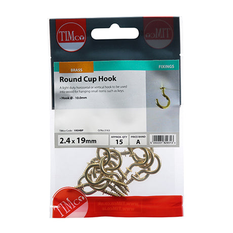 This is an image showing TIMCO Cup Hooks - Round - Electro Brass - 19mm - 15 Pieces TIMpac available from T.H Wiggans Ironmongery in Kendal, quick delivery at discounted prices.