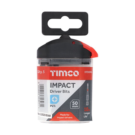 This is an image showing TIMCO Impact Driver Bits - PZ - No.1 x 50 - 5 Pieces Handy Bit Pack available from T.H Wiggans Ironmongery in Kendal, quick delivery at discounted prices.