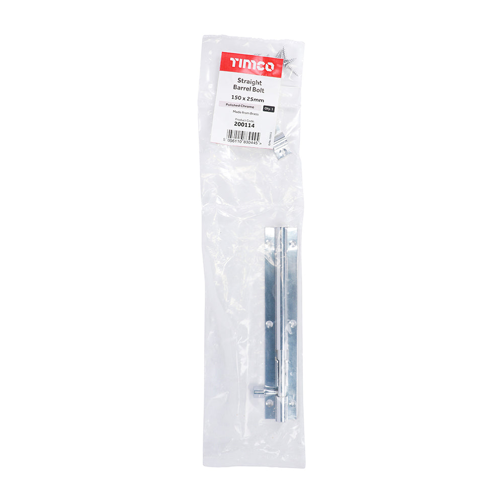 This is an image showing TIMCO Straight Barrel Bolt - Polished Chrome - 150 x 25mm - 1 Each Bag available from T.H Wiggans Ironmongery in Kendal, quick delivery at discounted prices.