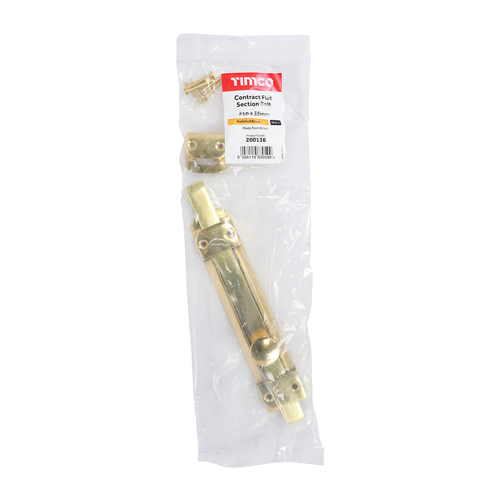 This is an image showing TIMCO Contract Flat Section Bolt - Polished Brass - 210 x 35mm - 1 Each Bag available from T.H Wiggans Ironmongery in Kendal, quick delivery at discounted prices.