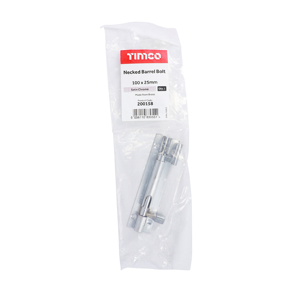 This is an image showing TIMCO Necked Barrel Bolt - Satin Chrome - 100 x 25mm - 1 Each Bag available from T.H Wiggans Ironmongery in Kendal, quick delivery at discounted prices.