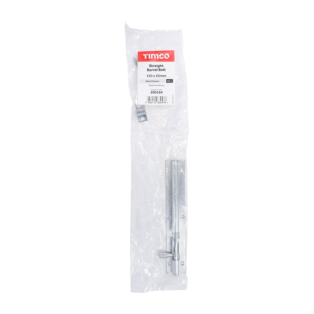 This is an image showing TIMCO Straight Barrel Bolt - Satin Chrome - 150 x 25mm - 1 Each Bag available from T.H Wiggans Ironmongery in Kendal, quick delivery at discounted prices.