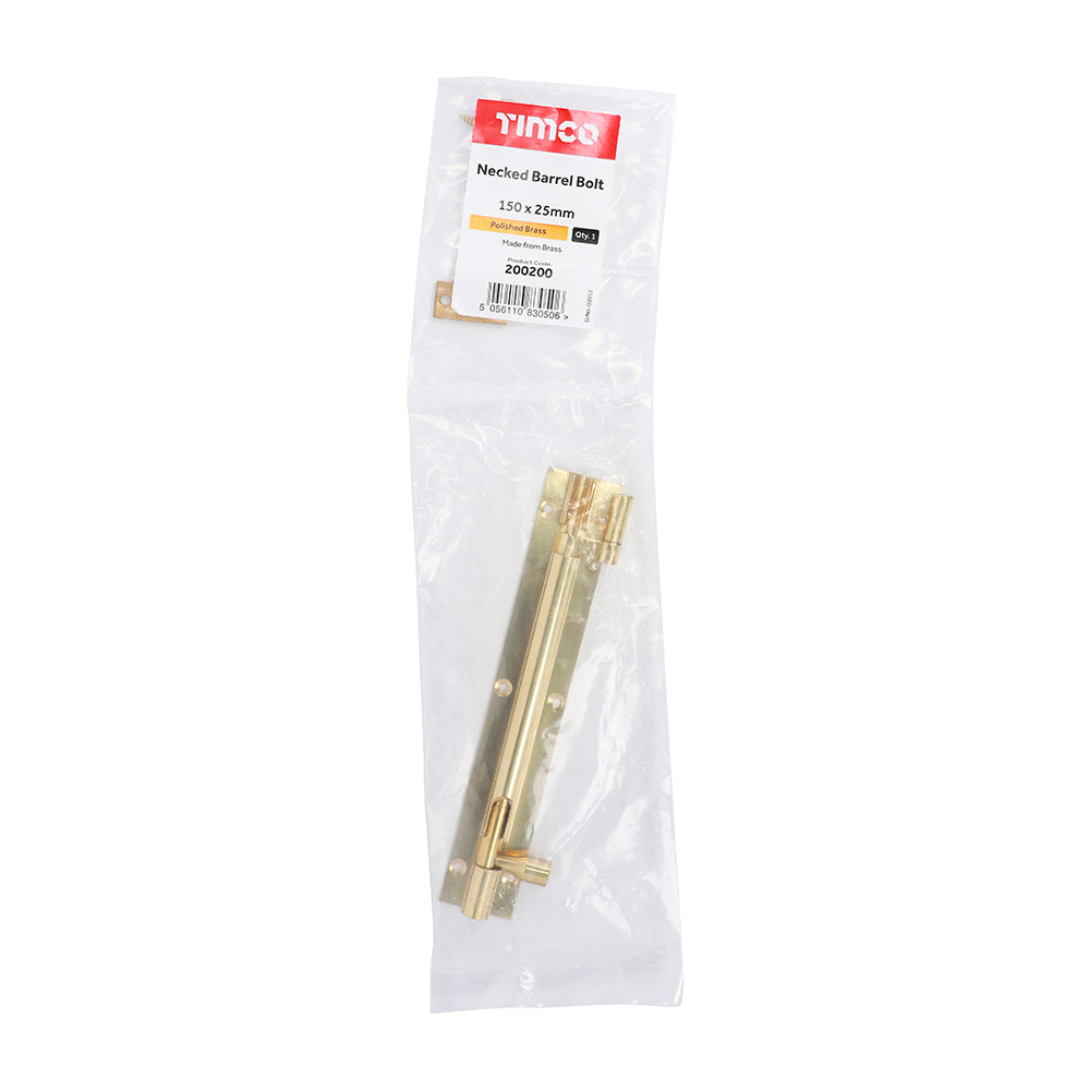 This is an image showing TIMCO Necked Barrel Bolt - Polished Brass - 150 x 25mm - 1 Each Bag available from T.H Wiggans Ironmongery in Kendal, quick delivery at discounted prices.