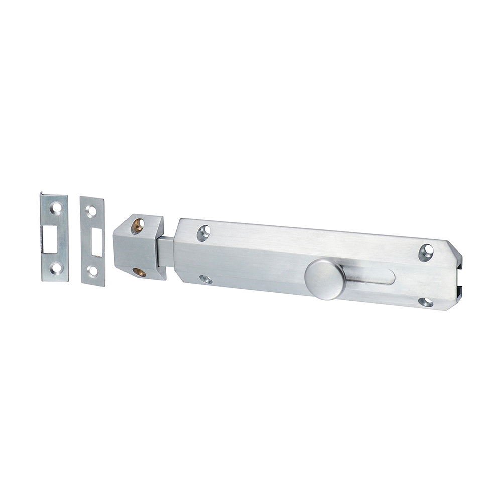 This is an image showing TIMCO Architectural Flat Section Bolt - Satin Chrome - 150 x 35mm - 1 Each Bag available from T.H Wiggans Ironmongery in Kendal, quick delivery at discounted prices.