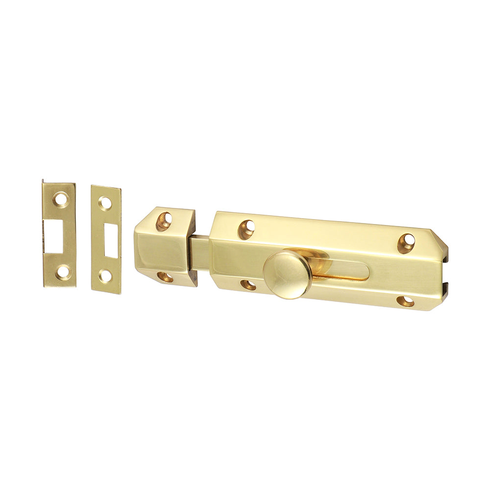 This is an image showing TIMCO Architectural Flat Section Bolt - Polished Brass - 100 x 35mm - 1 Each Bag available from T.H Wiggans Ironmongery in Kendal, quick delivery at discounted prices.