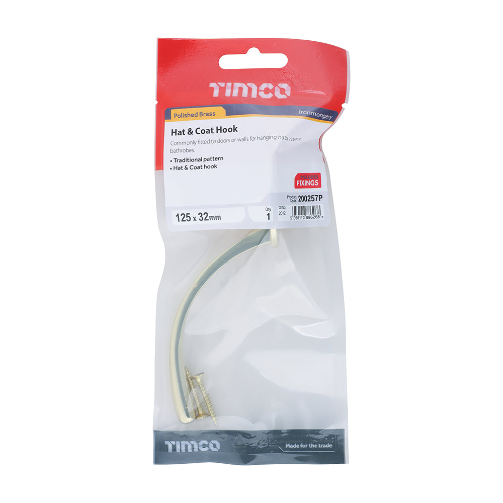 This is an image showing TIMCO Hat & Coat Hook - Polished Brass - 125 x 32mm - 1 Each TIMpac available from T.H Wiggans Ironmongery in Kendal, quick delivery at discounted prices.