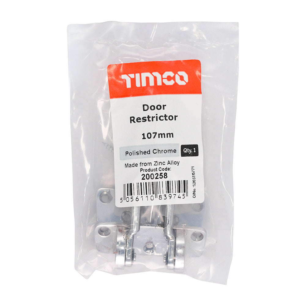 This is an image showing TIMCO Door Restrictor - Polished Chrome - 107mm - 1 Each Bag available from T.H Wiggans Ironmongery in Kendal, quick delivery at discounted prices.