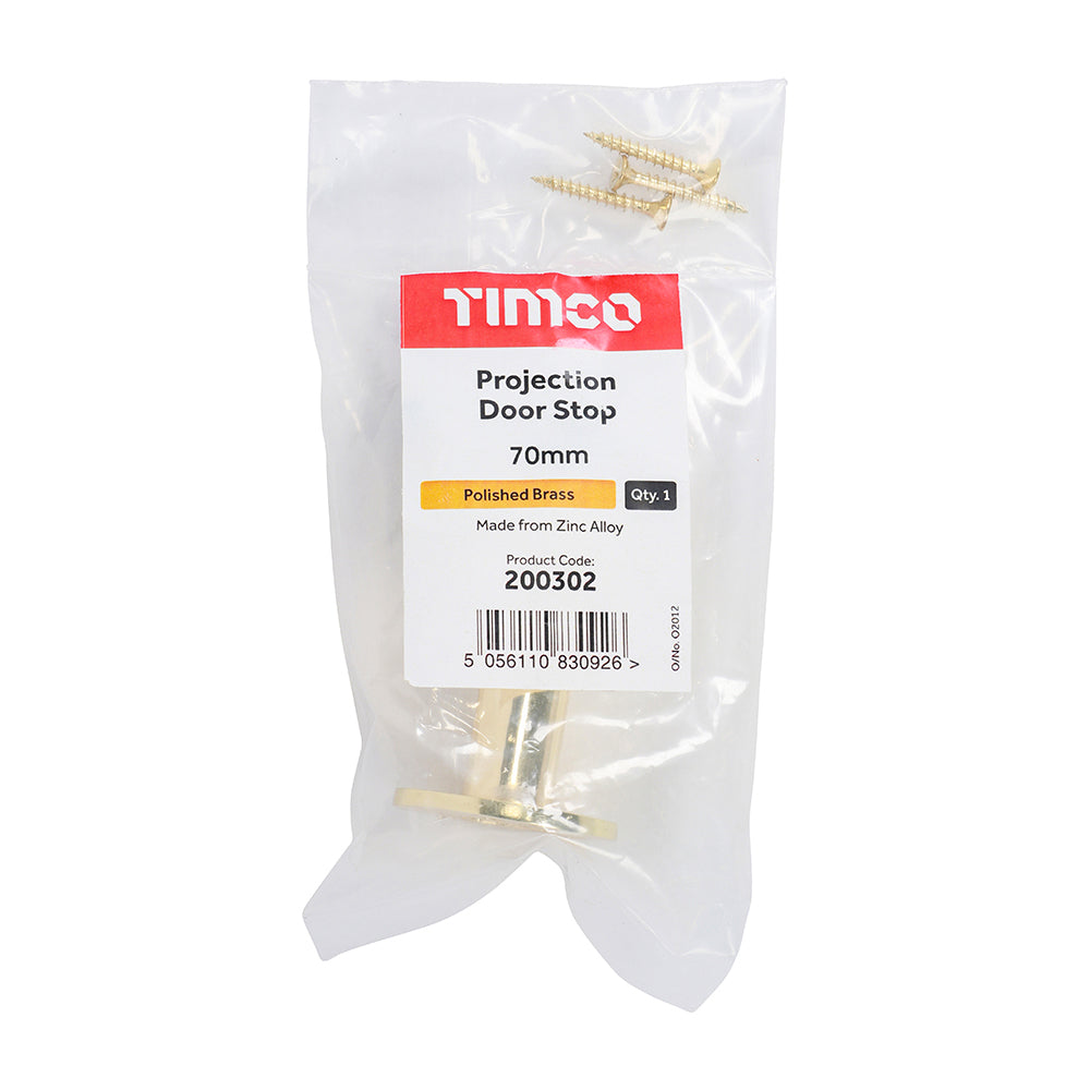 This is an image showing TIMCO Projection Door Stop - Polished Brass - 70mm - 1 Each Bag available from T.H Wiggans Ironmongery in Kendal, quick delivery at discounted prices.