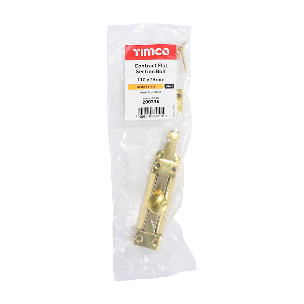 This is an image showing TIMCO Contract Flat Section Bolt - Polished Brass - 110 x 25mm - 1 Each Bag available from T.H Wiggans Ironmongery in Kendal, quick delivery at discounted prices.