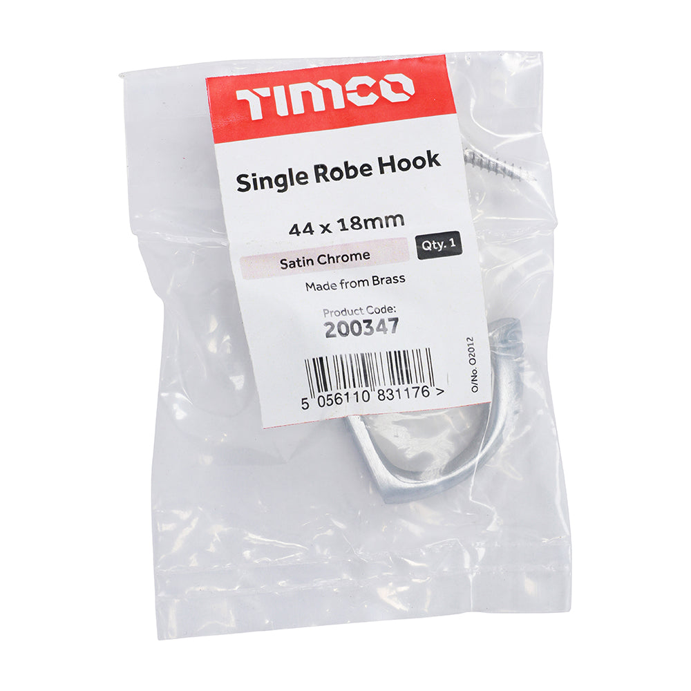 This is an image showing TIMCO Single Robe Hook - Satin Chrome - 44 x 18mm - 1 Each Bag available from T.H Wiggans Ironmongery in Kendal, quick delivery at discounted prices.