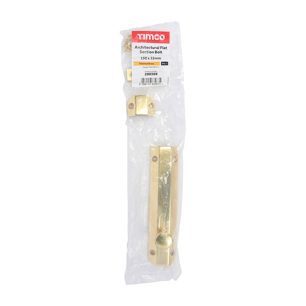 This is an image showing TIMCO Architectural Flat Section Bolt - Polished Brass - 150 x 35mm - 1 Each Bag available from T.H Wiggans Ironmongery in Kendal, quick delivery at discounted prices.
