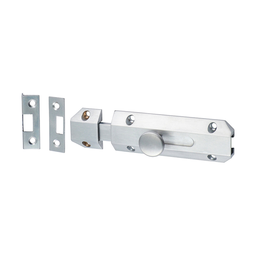 This is an image showing TIMCO Architectural Flat Section Bolt - Satin Chrome - 100 x 35mm - 1 Each Bag available from T.H Wiggans Ironmongery in Kendal, quick delivery at discounted prices.