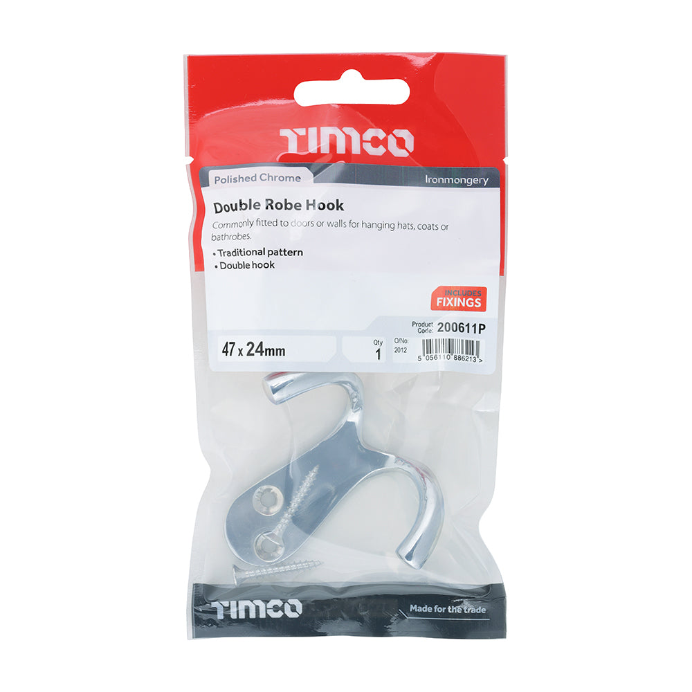 This is an image showing TIMCO Double Robe Hook - Polished Chrome - 47 x 24mm - 1 Each TIMpac available from T.H Wiggans Ironmongery in Kendal, quick delivery at discounted prices.