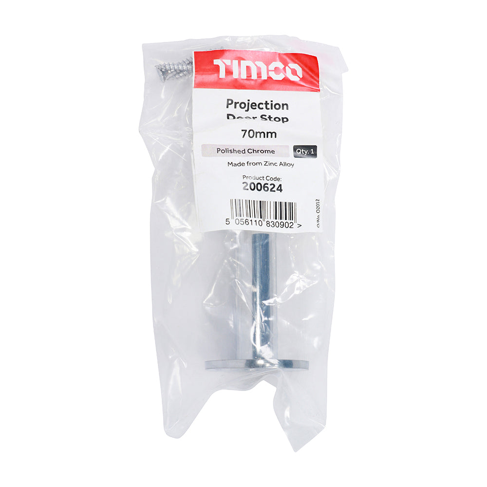 This is an image showing TIMCO Projection Door Stop - Polished Chrome - 70mm - 1 Each Bag available from T.H Wiggans Ironmongery in Kendal, quick delivery at discounted prices.