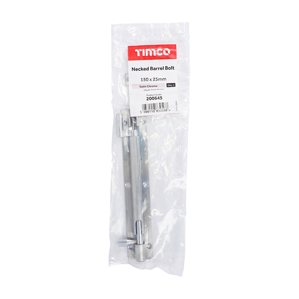 This is an image showing TIMCO Necked Barrel Bolt - Satin Chrome - 150 x 25mm - 1 Each Bag available from T.H Wiggans Ironmongery in Kendal, quick delivery at discounted prices.