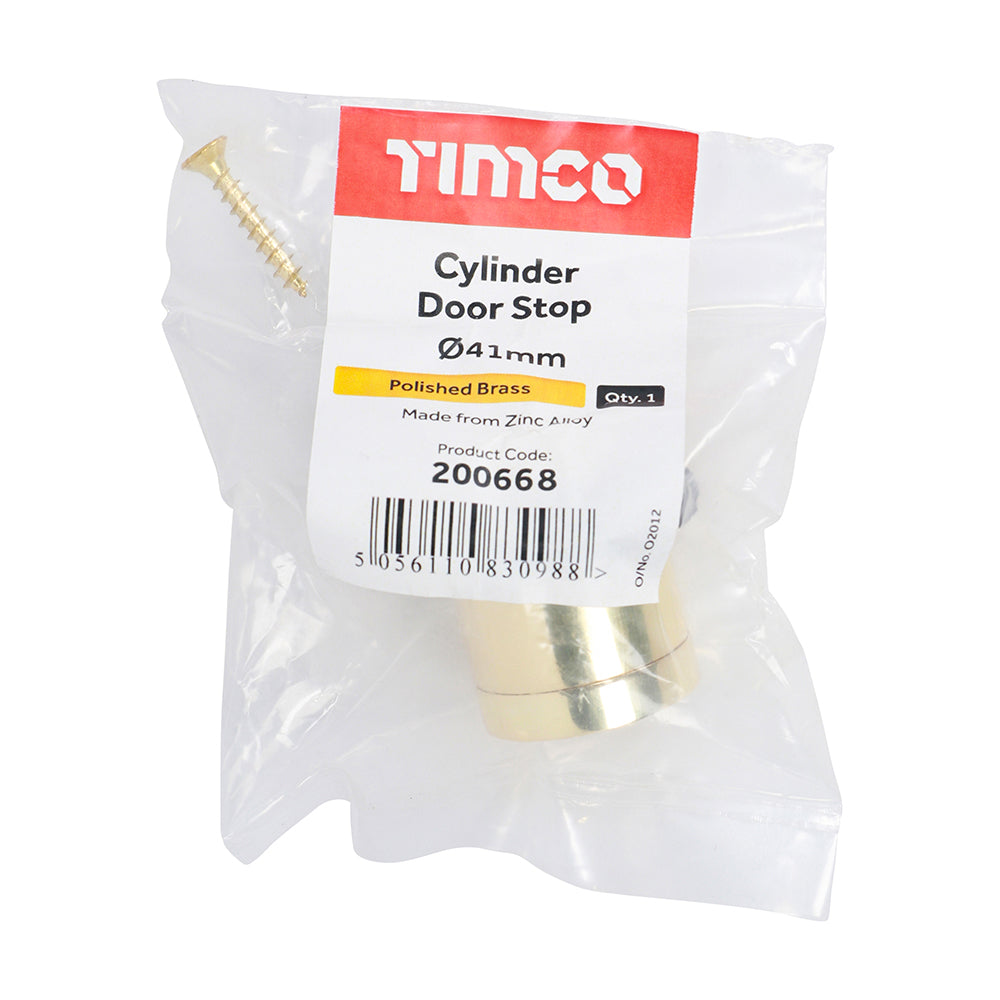 This is an image showing TIMCO Cylinder Door Stop - Polished Brass - 41mm - 1 Each Bag available from T.H Wiggans Ironmongery in Kendal, quick delivery at discounted prices.