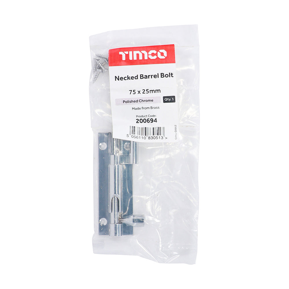 This is an image showing TIMCO Necked Barrel Bolt - Polished Chrome - 75 x 25mm - 1 Each Bag available from T.H Wiggans Ironmongery in Kendal, quick delivery at discounted prices.