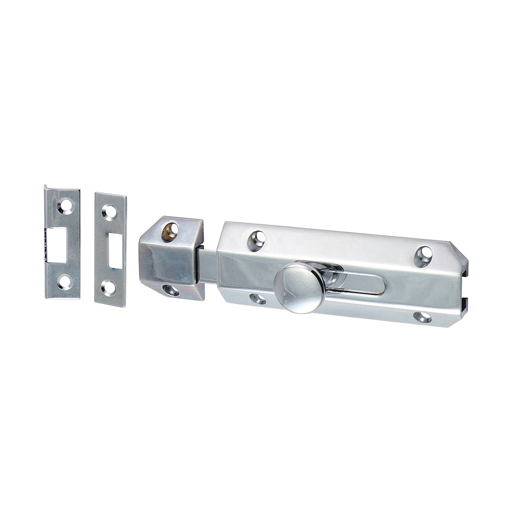 This is an image showing TIMCO Architectural Flat Section Bolt - Polished Chrome - 100 x 35mm - 1 Each Bag available from T.H Wiggans Ironmongery in Kendal, quick delivery at discounted prices.