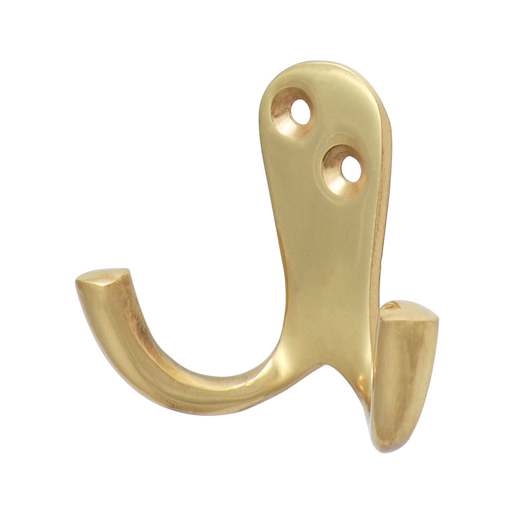 This is an image showing TIMCO Double Robe Hook - Polished Brass - 47 x 24mm - 1 Each TIMpac available from T.H Wiggans Ironmongery in Kendal, quick delivery at discounted prices.