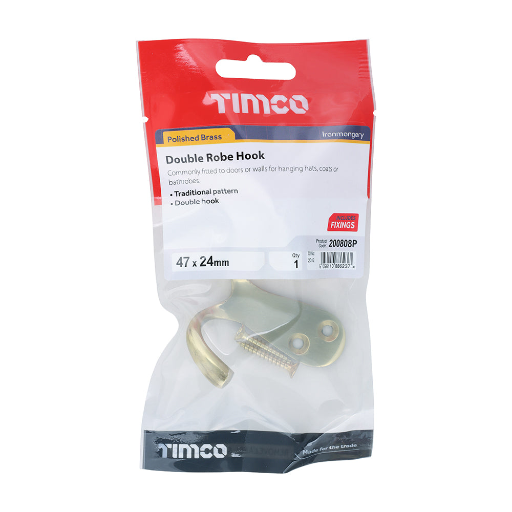 This is an image showing TIMCO Double Robe Hook - Polished Brass - 47 x 24mm - 1 Each TIMpac available from T.H Wiggans Ironmongery in Kendal, quick delivery at discounted prices.