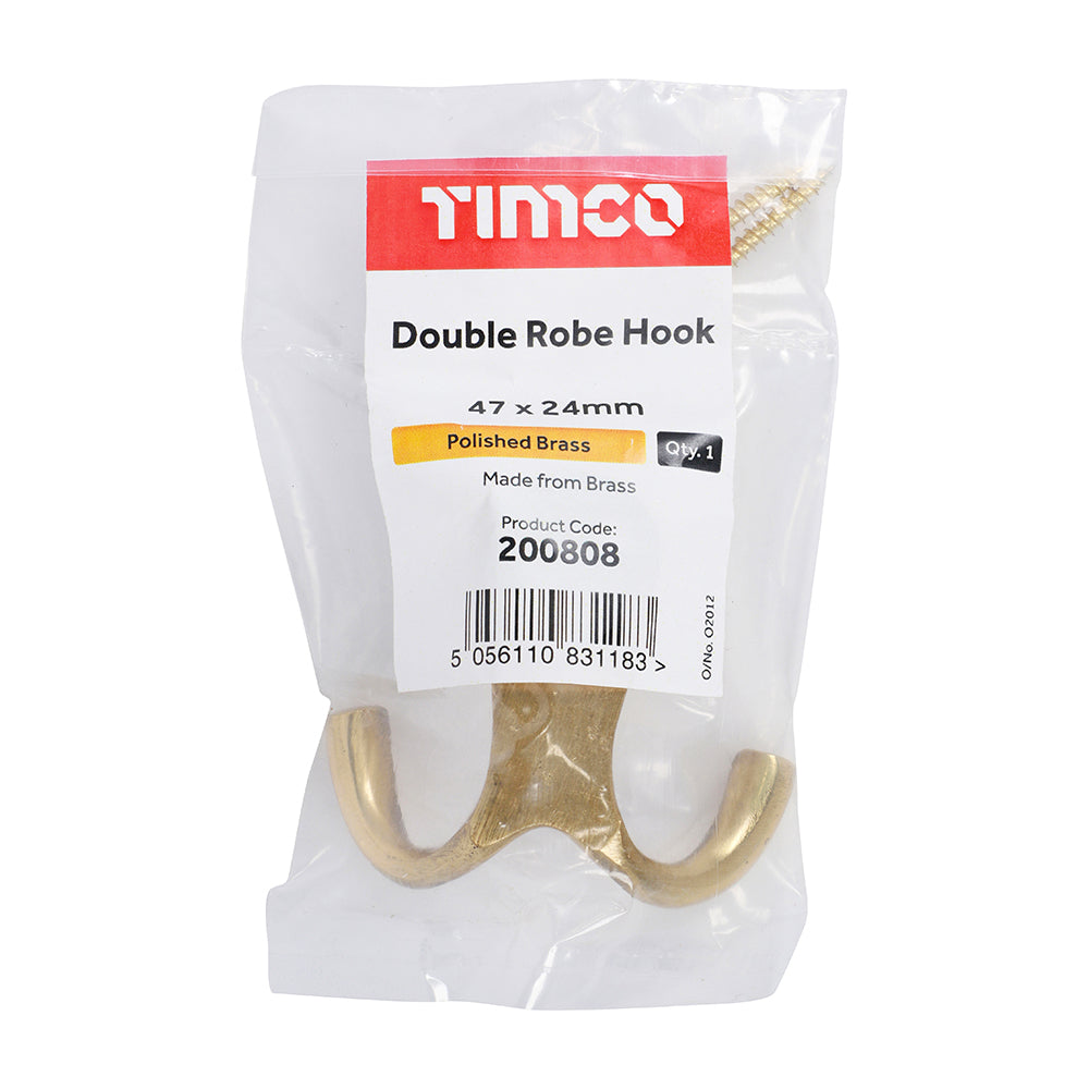 This is an image showing TIMCO Double Robe Hook - Polished Brass - 47 x 24mm - 1 Each Bag available from T.H Wiggans Ironmongery in Kendal, quick delivery at discounted prices.