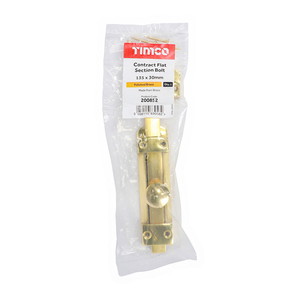 This is an image showing TIMCO Contract Flat Section Bolt - Polished Brass - 135 x 30mm - 1 Each Bag available from T.H Wiggans Ironmongery in Kendal, quick delivery at discounted prices.
