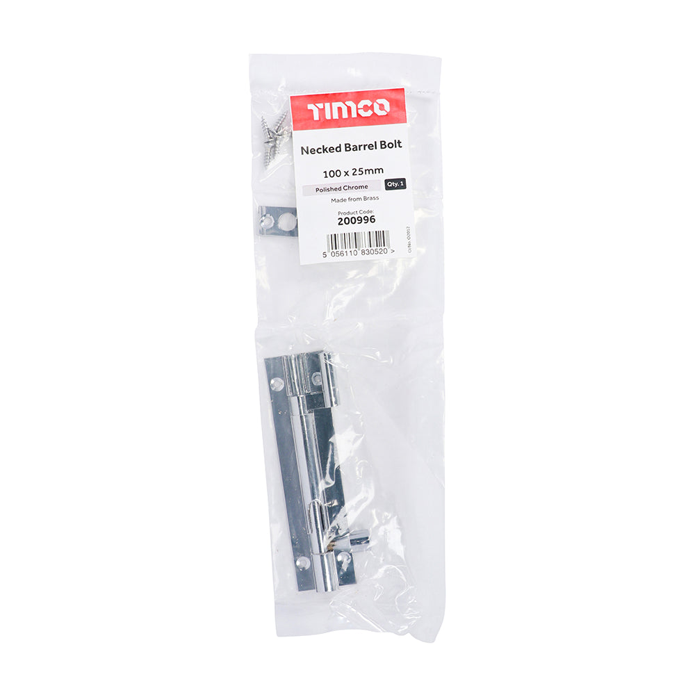 This is an image showing TIMCO Necked Barrel Bolt - Polished Chrome - 100 x 25mm - 1 Each Bag available from T.H Wiggans Ironmongery in Kendal, quick delivery at discounted prices.