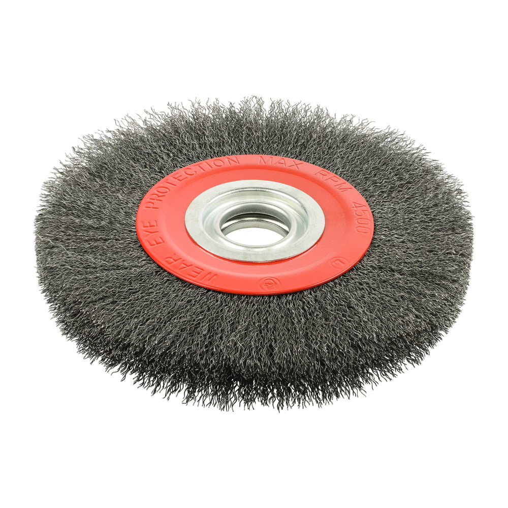 This is an image showing TIMCO Wheel Brush with Plastic Reducer Set - Crimped Steel Wire - 200mm - 1 Each Blister Pack available from T.H Wiggans Ironmongery in Kendal, quick delivery at discounted prices.