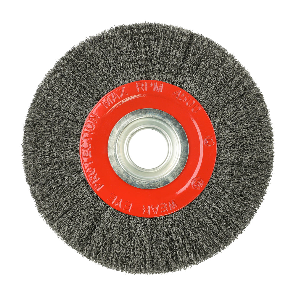 This is an image showing TIMCO Wheel Brush with Plastic Reducer Set - Crimped Steel Wire - 200mm - 1 Each Blister Pack available from T.H Wiggans Ironmongery in Kendal, quick delivery at discounted prices.