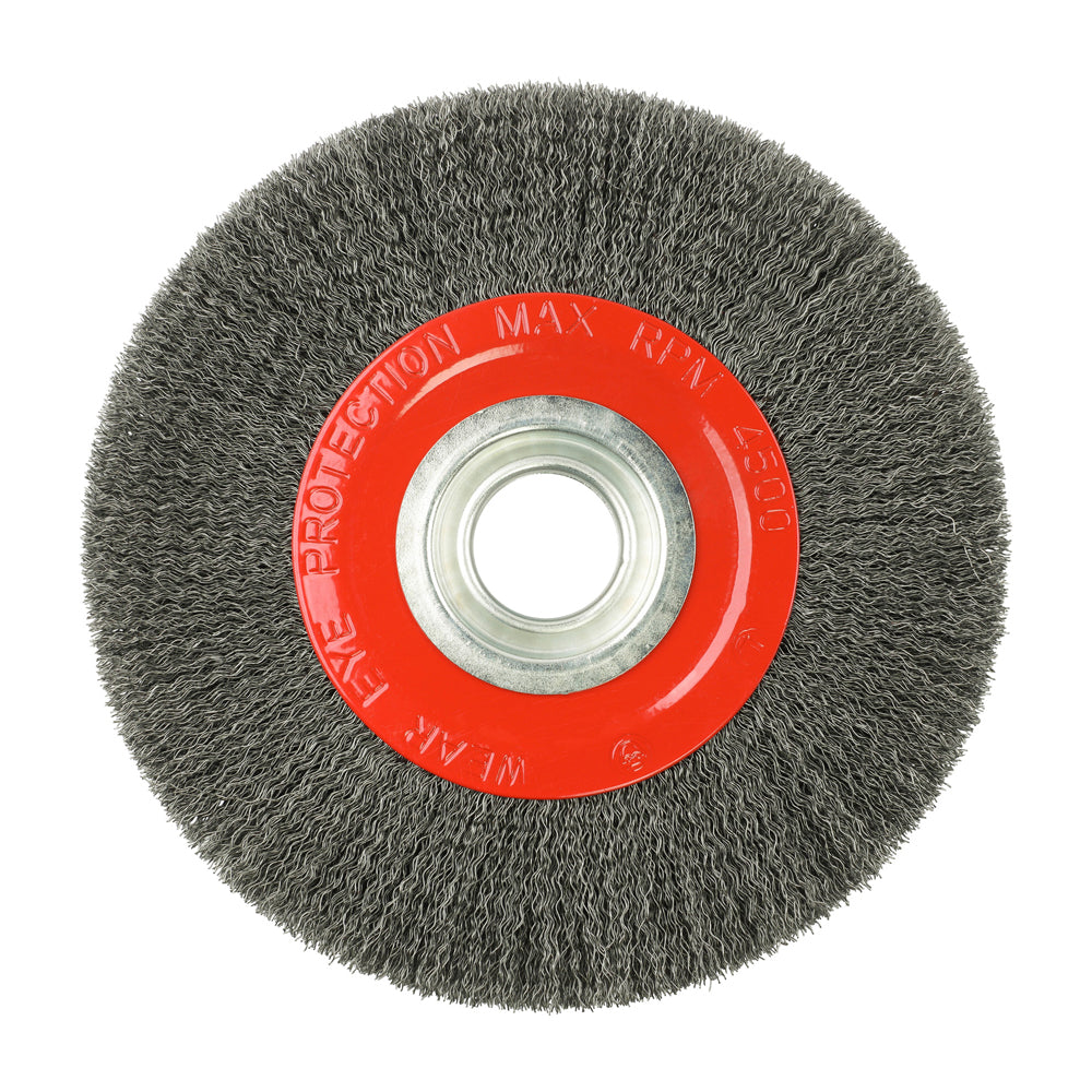 This is an image showing TIMCO Wheel Brush with Plastic Reducer Set - Crimped Steel Wire - 200mm - 1 Each Blister Pack available from T.H Wiggans Ironmongery in Kendal, quick delivery at discounted prices.