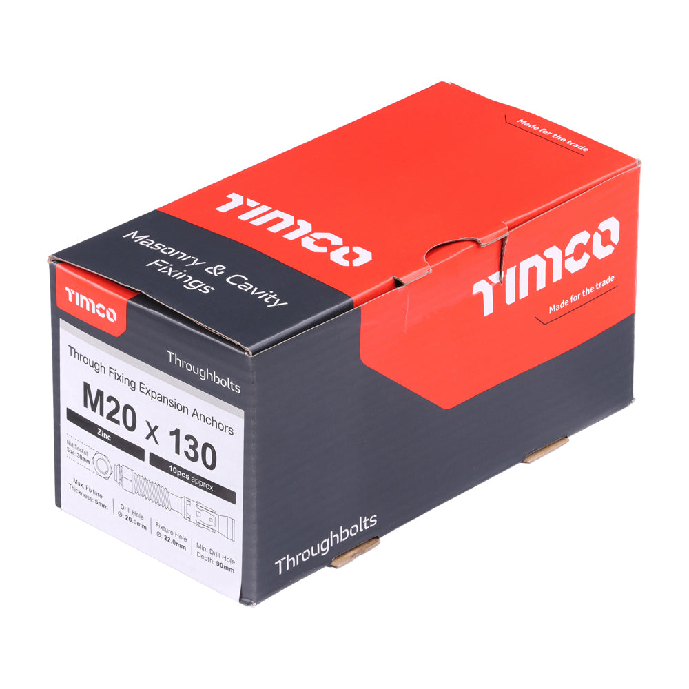 This is an image showing TIMCO Throughbolts - Zinc - M20 x 130 - 10 Pieces Box available from T.H Wiggans Ironmongery in Kendal, quick delivery at discounted prices.