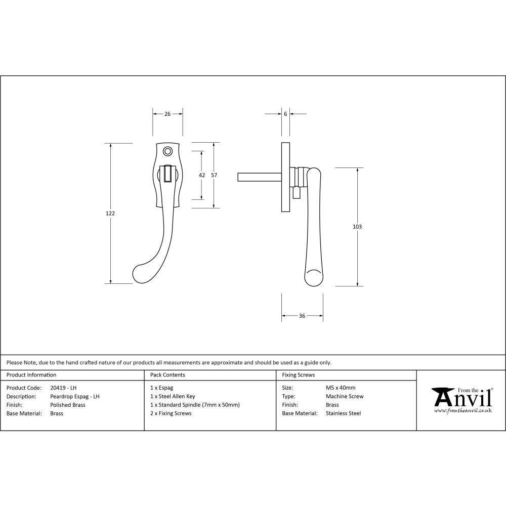 This is an image showing From The Anvil - Polished Brass Peardrop Espag - LH available from T.H Wiggans Architectural Ironmongery in Kendal, quick delivery and discounted prices