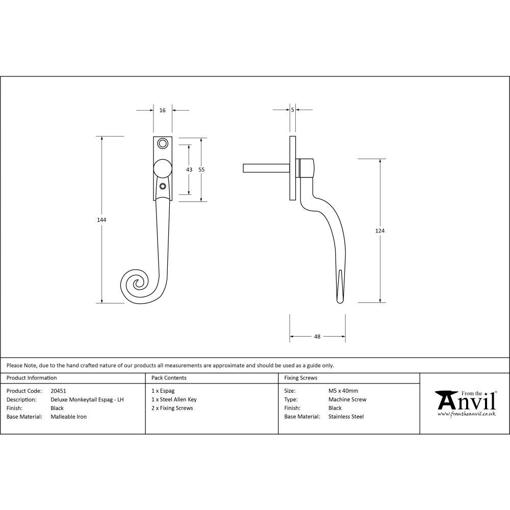 This is an image showing From The Anvil - Black Deluxe Monkeytail Espag - LH available from T.H Wiggans Architectural Ironmongery in Kendal, quick delivery and discounted prices