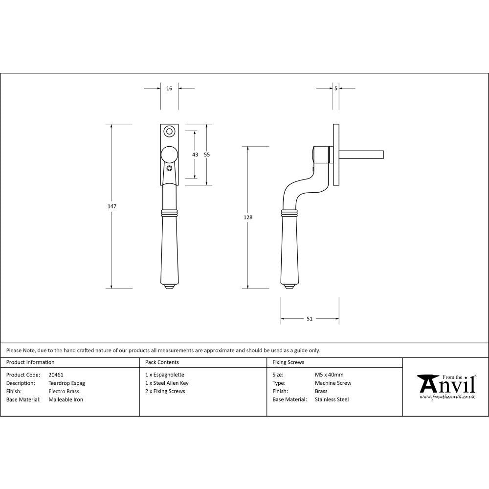 This is an image showing From The Anvil - Electro Brass Teardrop Espag available from T.H Wiggans Architectural Ironmongery in Kendal, quick delivery and discounted prices