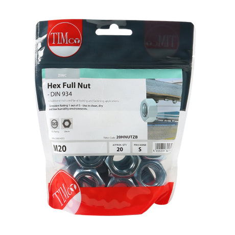 This is an image showing TIMCO Hex Full Nuts - Zinc - M20 - 20 Pieces TIMbag available from T.H Wiggans Ironmongery in Kendal, quick delivery at discounted prices.