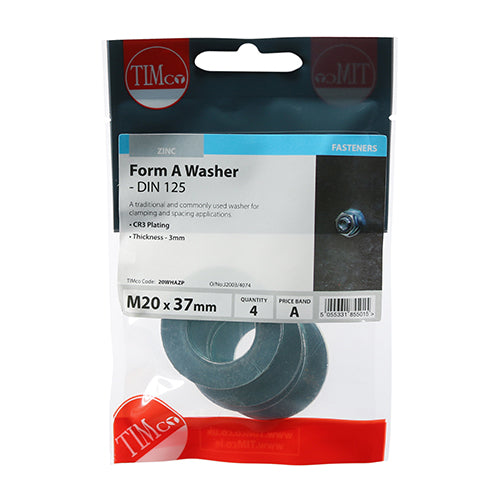 This is an image showing TIMCO Form A Washers - Zinc - M20 - 4 Pieces TIMpac available from T.H Wiggans Ironmongery in Kendal, quick delivery at discounted prices.