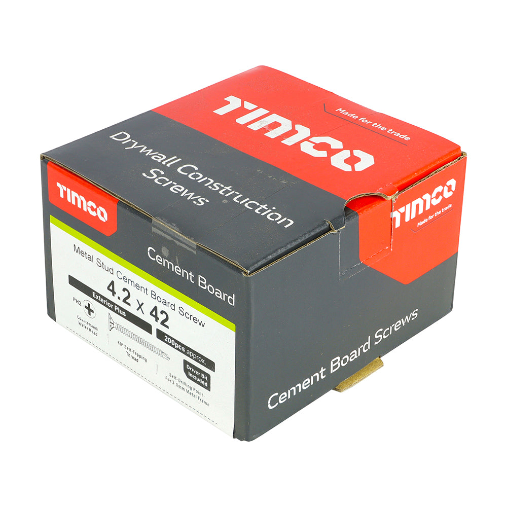 This is an image showing TIMCO Drywall Construction Metal Stud Cement Board Screws - PH - Countersunk Wafer - Self-Drilling - Exterior - Silver Organic - 4.2 x 42 - 200 Pieces Box available from T.H Wiggans Ironmongery in Kendal, quick delivery at discounted prices.