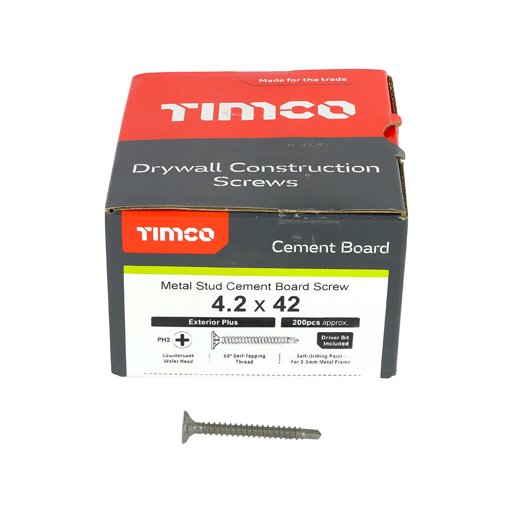 This is an image showing TIMCO Drywall Construction Metal Stud Cement Board Screws - PH - Countersunk Wafer - Self-Drilling - Exterior - Silver Organic - 4.2 x 42 - 200 Pieces Box available from T.H Wiggans Ironmongery in Kendal, quick delivery at discounted prices.
