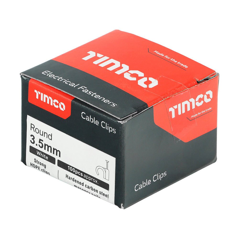 This is an image showing TIMCO Round Cable Clips - White - To fit 3.5mm - 100 Pieces Box available from T.H Wiggans Ironmongery in Kendal, quick delivery at discounted prices.