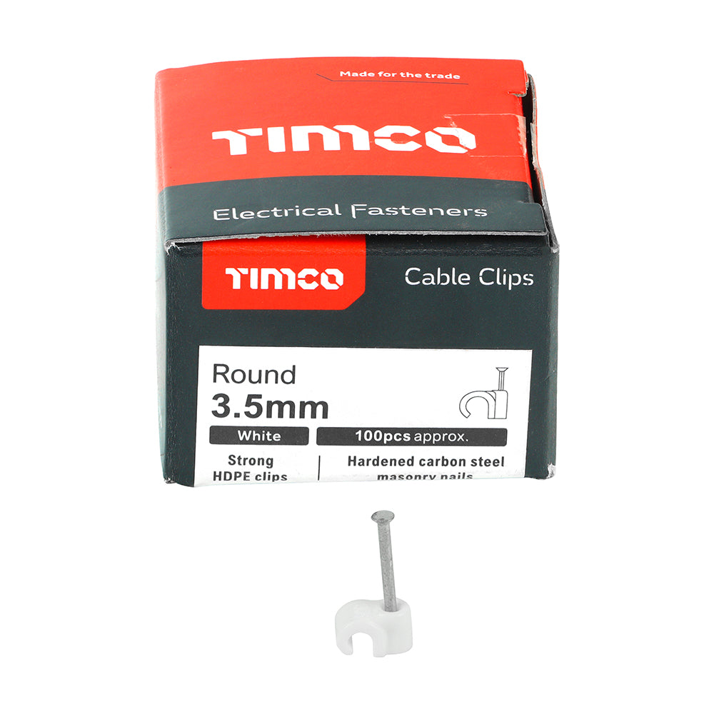 This is an image showing TIMCO Round Cable Clips - White - To fit 3.5mm - 100 Pieces Box available from T.H Wiggans Ironmongery in Kendal, quick delivery at discounted prices.