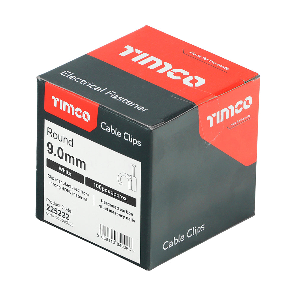 This is an image showing TIMCO Round Cable Clips - White - To fit 9.0mm - 100 Pieces Box available from T.H Wiggans Ironmongery in Kendal, quick delivery at discounted prices.