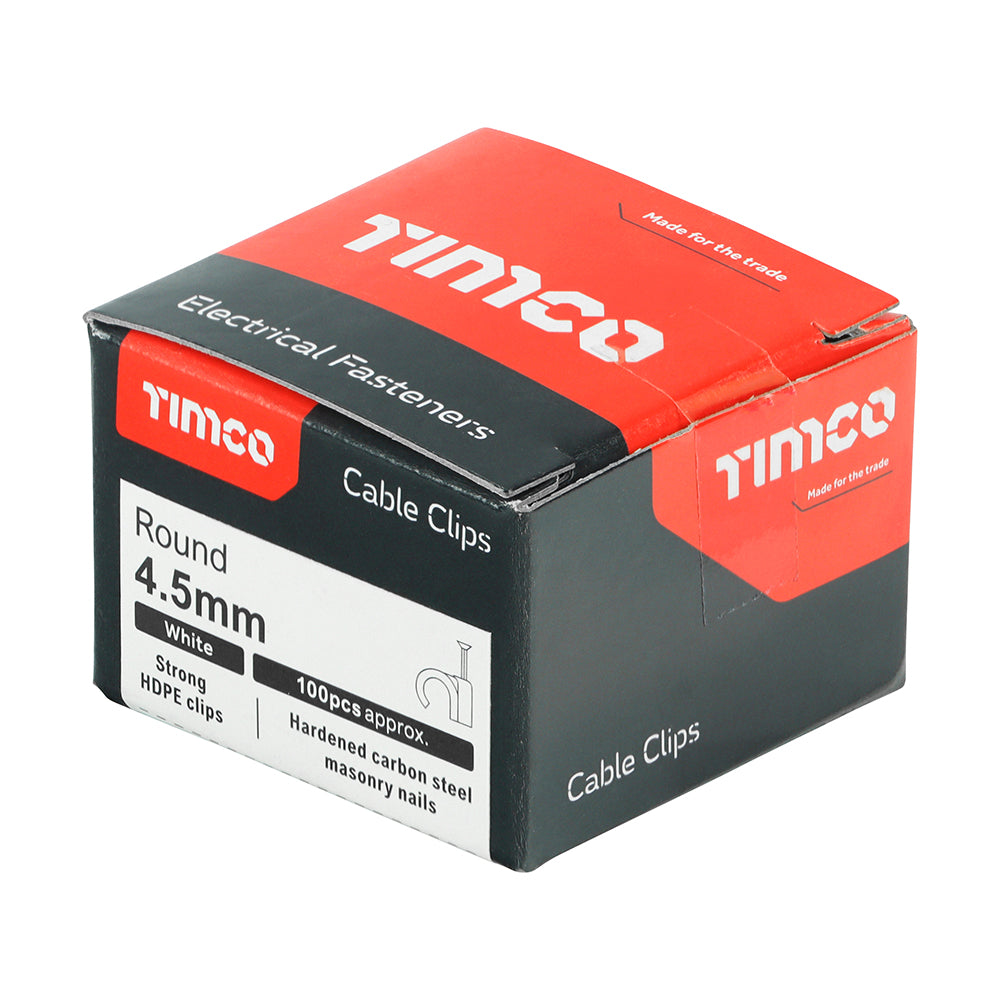 This is an image showing TIMCO Round Cable Clips - White - To fit 4.5mm - 100 Pieces Box available from T.H Wiggans Ironmongery in Kendal, quick delivery at discounted prices.