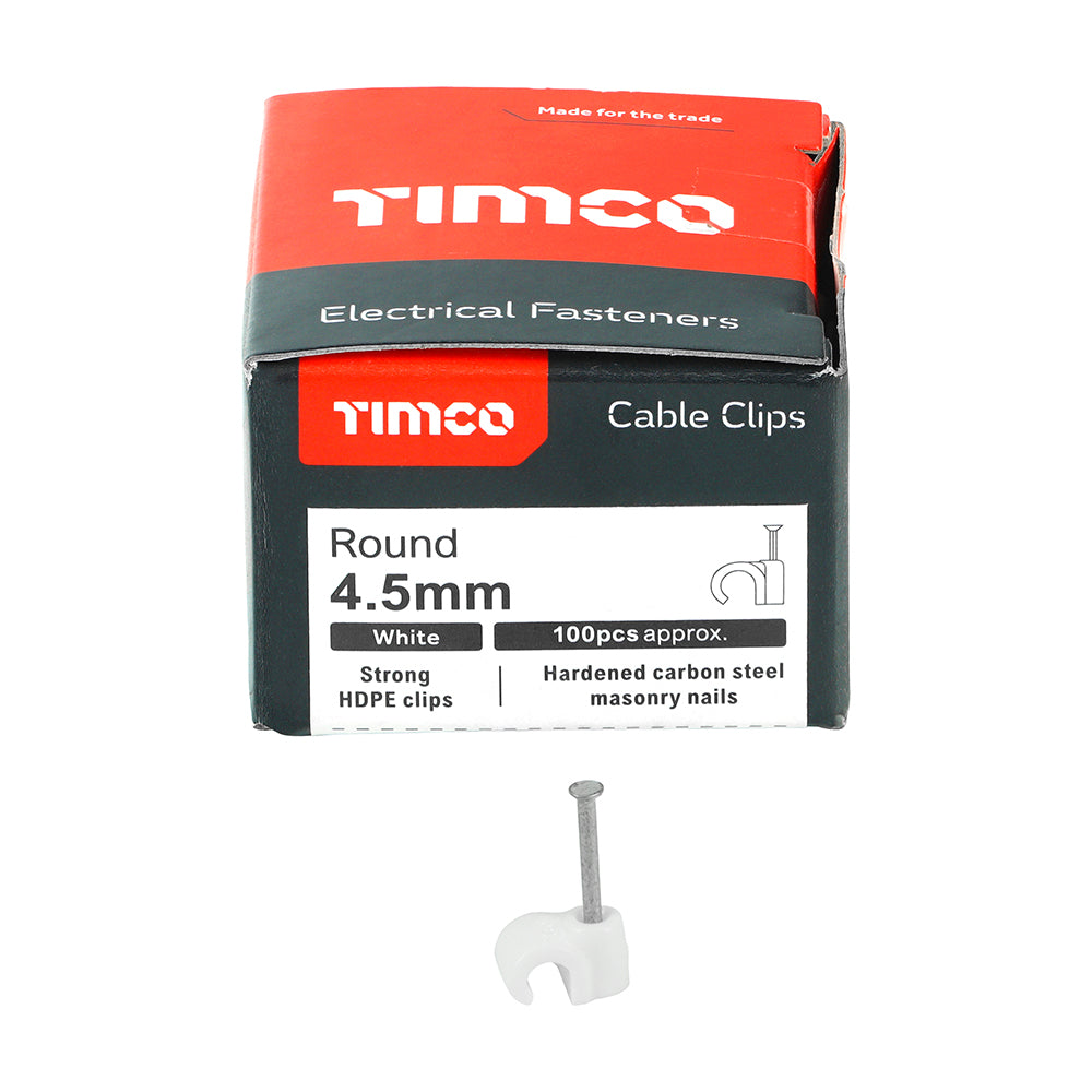 This is an image showing TIMCO Round Cable Clips - White - To fit 4.5mm - 100 Pieces Box available from T.H Wiggans Ironmongery in Kendal, quick delivery at discounted prices.