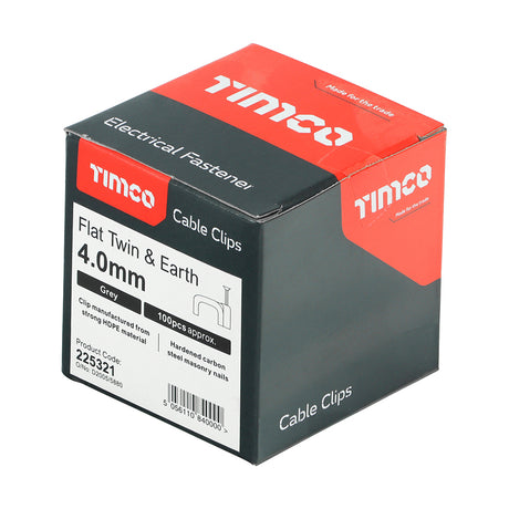 This is an image showing TIMCO Flat Twin & Earth Cable Clips - Grey - To fit 4.0mm - 100 Pieces Box available from T.H Wiggans Ironmongery in Kendal, quick delivery at discounted prices.